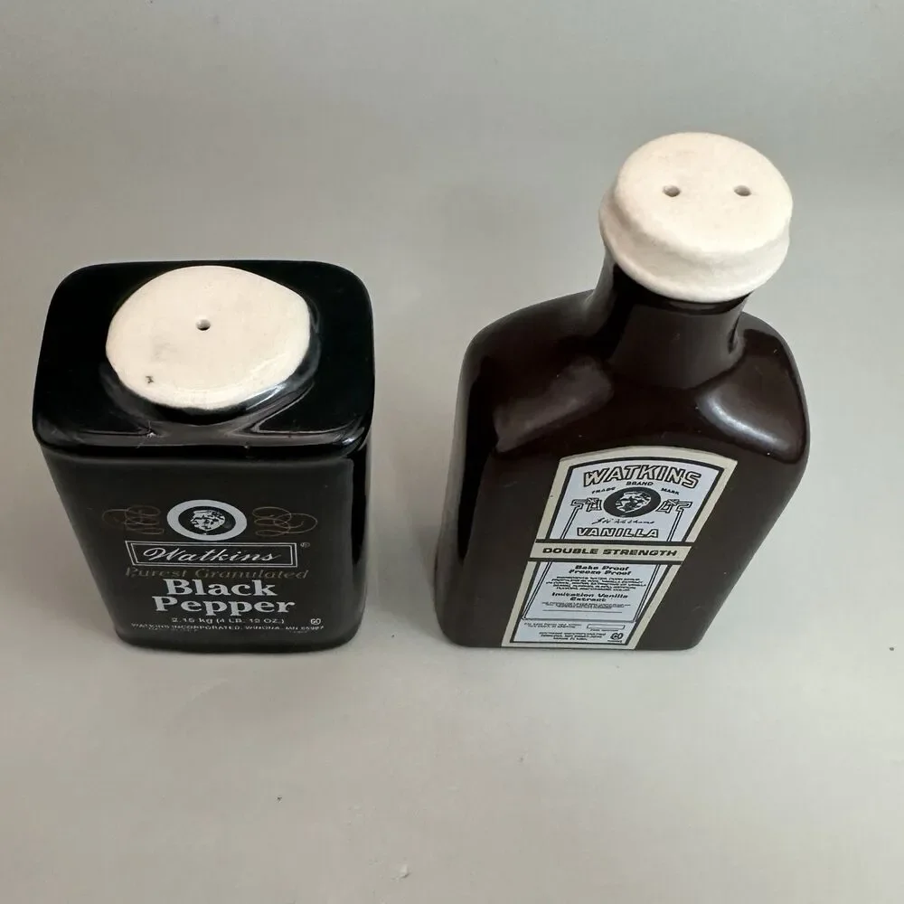 Vintage Watkins Vanilla Bottle Black Pepper Tin Ceramic Salt Pepper Shakers Set